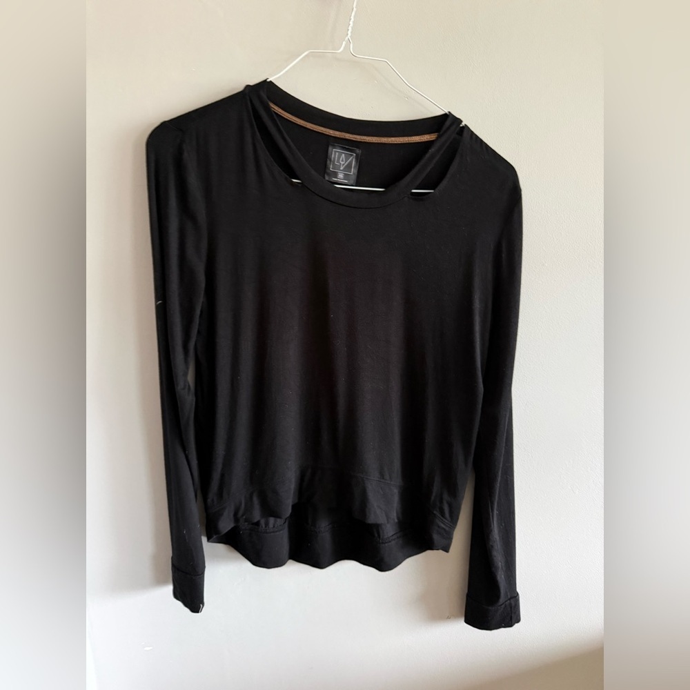 Lime & Vine Black Cutout Neck Long Sleeve Top XS Soft Stretch Lyocell Minimalist